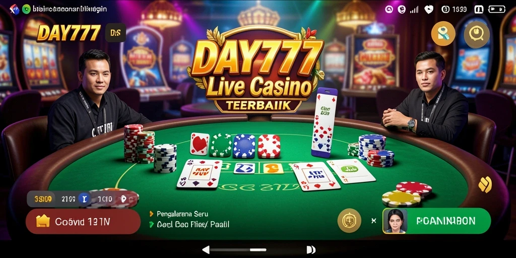 Screenshot gameplay DAY777 menampilkan dealer langsung dan suasana kasino yang nyata.