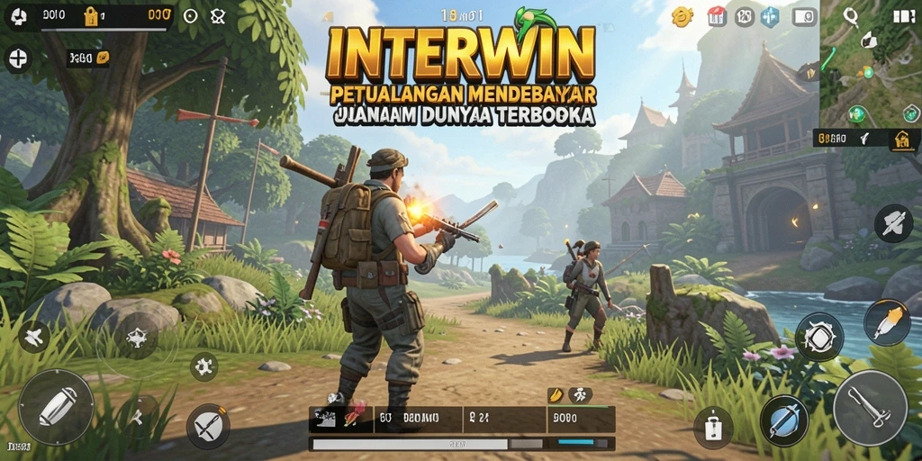 Tangkapan layar INTERWIN menampilkan karakter menjelajahi dunia terbuka yang indah.
